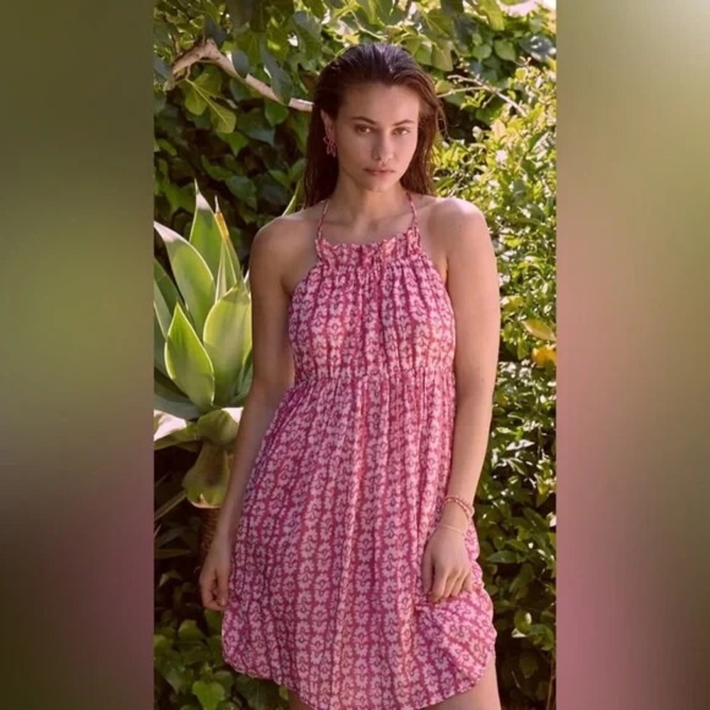 ANTHROPOLOGIE Dress Sm‎ Gauze Halter Pink Floral Lightweight Adjustable Pockets